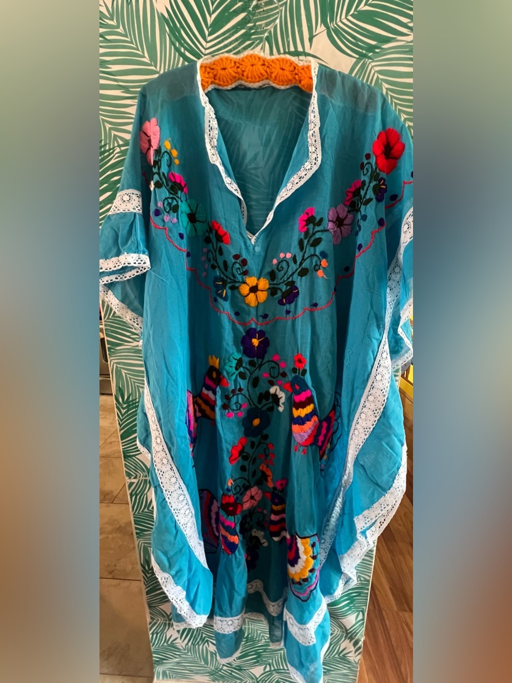 Embroidered Turquoise Mexican Kaftan with Lace Trim vibrant flowers and birds OS